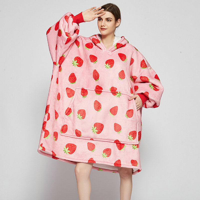 Bluza koc z kapturem we wzory – puszysty flanel oversize