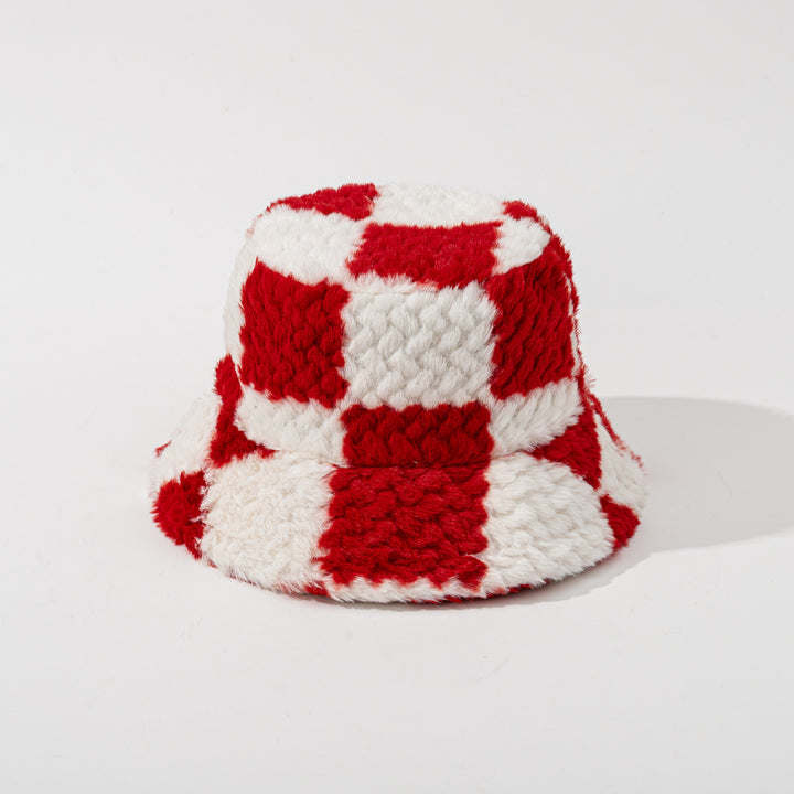 Brązowy pluszowy kapelusz bucket w szachownicę