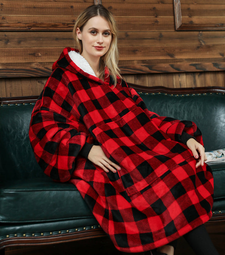 Bluza koc z kapturem we wzory – puszysty flanel oversize