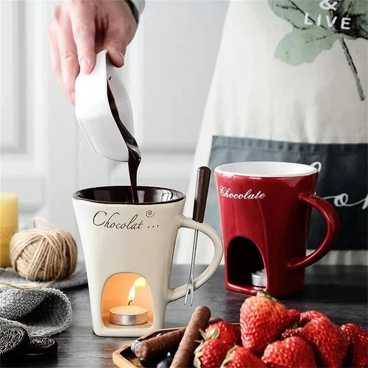 Ceramiczny kubek do fondue z widelczykiem