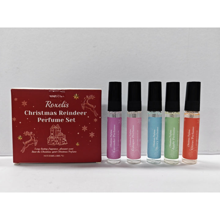 Czerwone pudełko z reniferem i sześć mini perfum