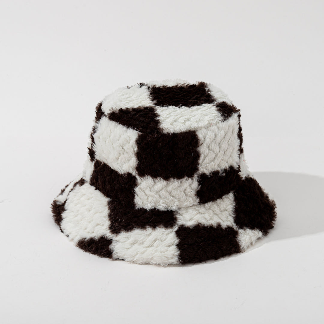Brązowy pluszowy kapelusz bucket w szachownicę