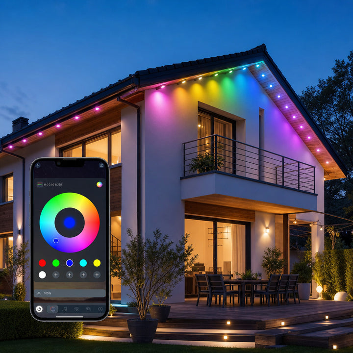 Kolorowe lampki LED pod okapem domu