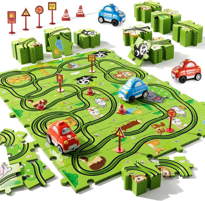 Kramano™ Puzzle tor wyścigowy ze zwierzątkami i dwoma autkami na baterie