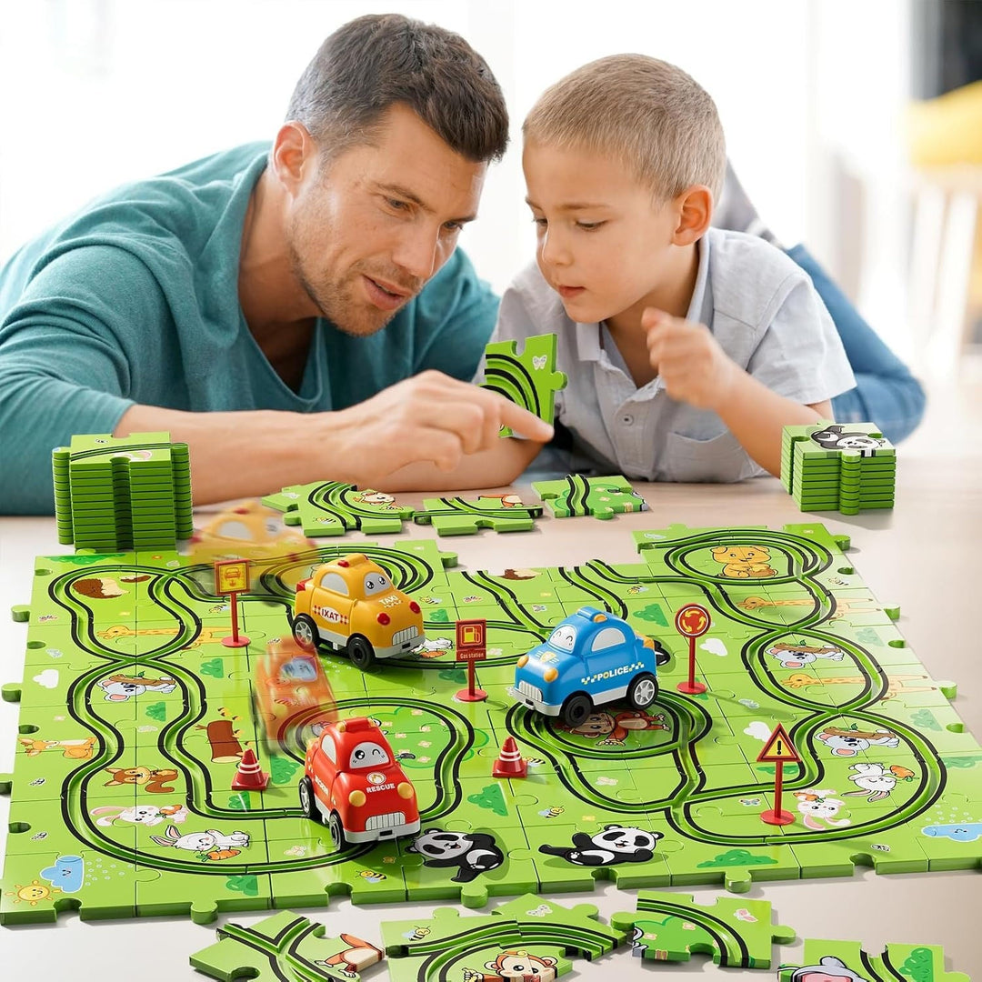Kramano™ Puzzle tor wyścigowy ze zwierzątkami i dwoma autkami na baterie