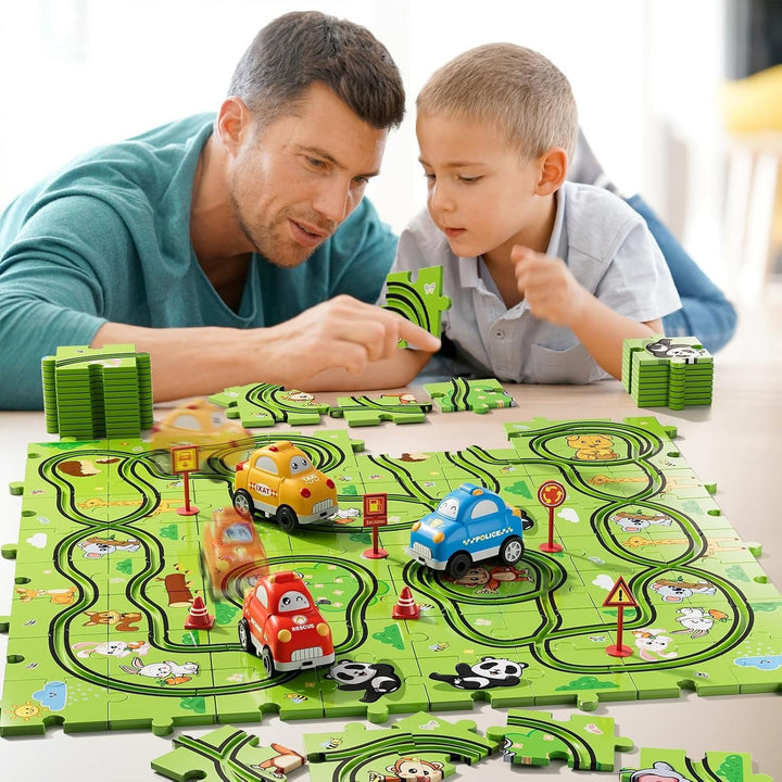 Kramano™ Puzzle tor wyścigowy ze zwierzątkami i dwoma autkami na baterie