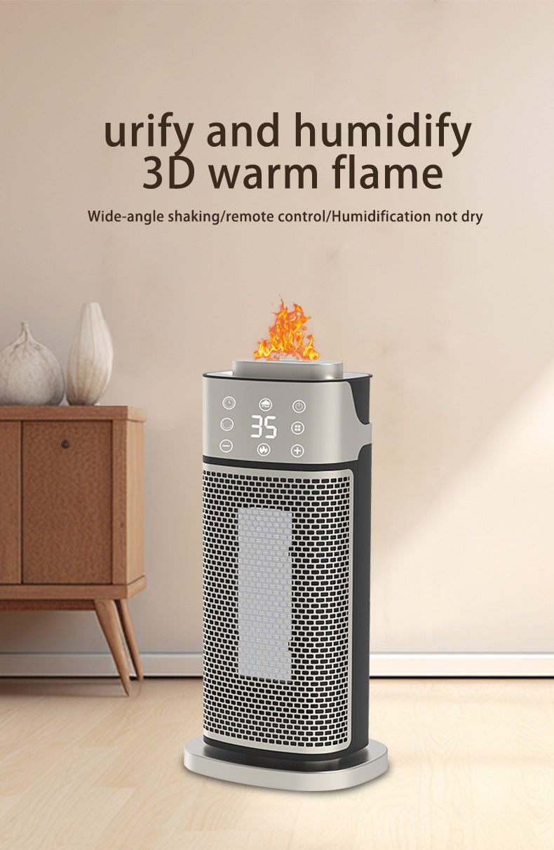 Srebrny termowentylator wieżowy z podświetloną mgiełką nawilżacza