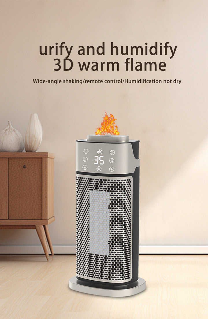 Srebrny termowentylator wieżowy z podświetloną mgiełką nawilżacza