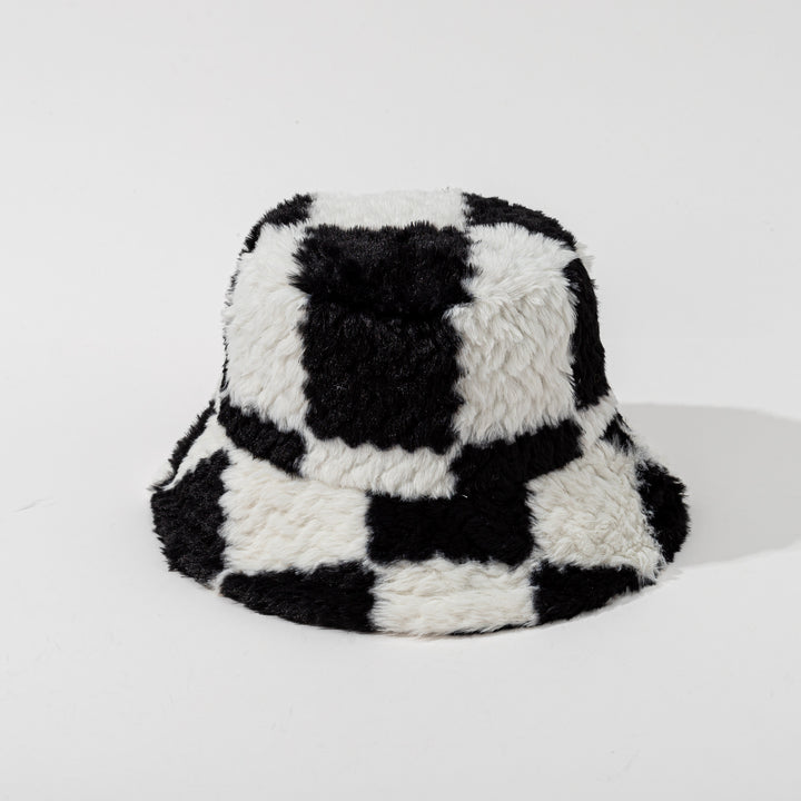 Brązowy pluszowy kapelusz bucket w szachownicę