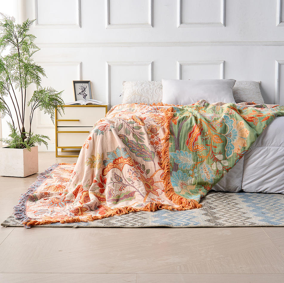 Kramano™ Bawełniany pled boho w kwiaty z frędzlami