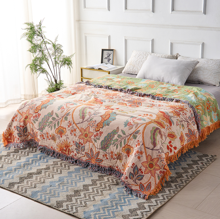 Kramano™ Bawełniany pled boho w kwiaty z frędzlami
