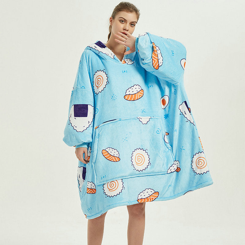 Bluza koc z kapturem we wzory – puszysty flanel oversize