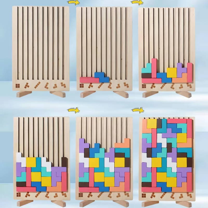 Kramano™ Drewniane klocki Montessori, 42 elementy i 10 kart z wzorami