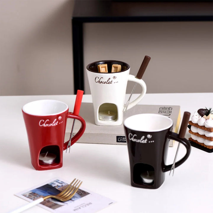 Ceramiczny kubek do fondue z widelczykiem