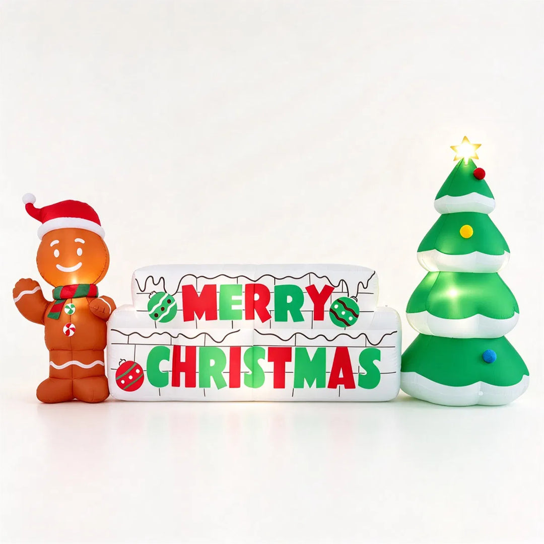 Dmuchany świąteczny napis z piernikiem i choinką