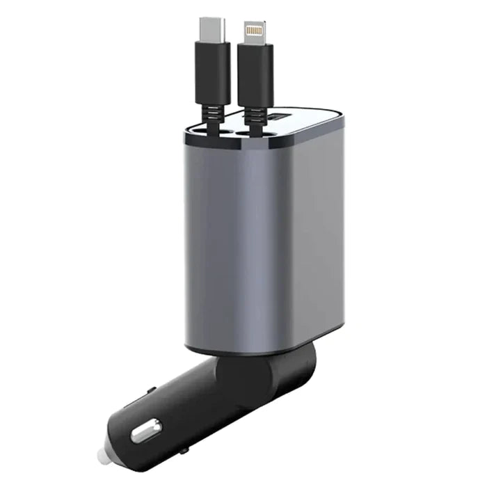 Ładowarka samochodowa z dwoma zwijanymi kablami USB-C i Lightning