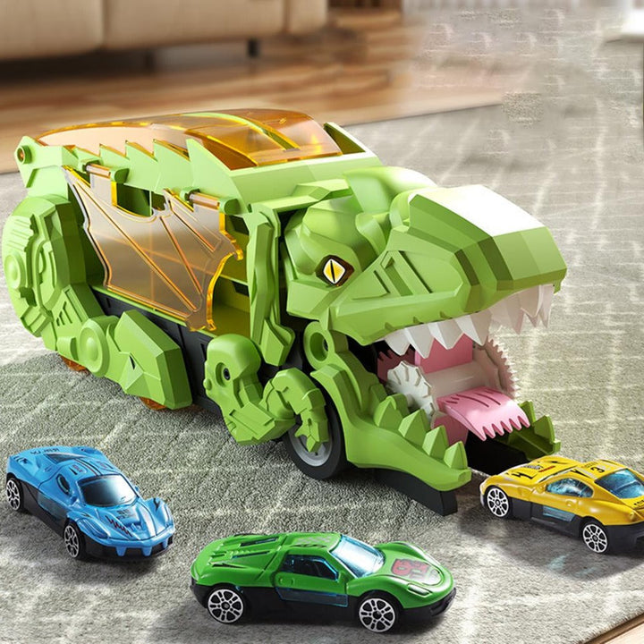 Ciężarówka dinozaur 2 w 1 z torami wyścigowymi i 8 autkami