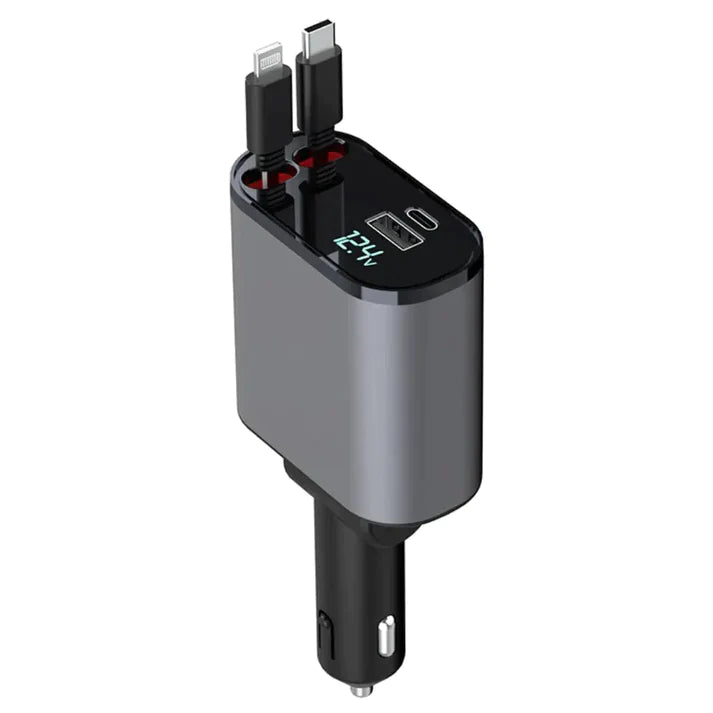 Ładowarka samochodowa z dwoma zwijanymi kablami USB-C i Lightning