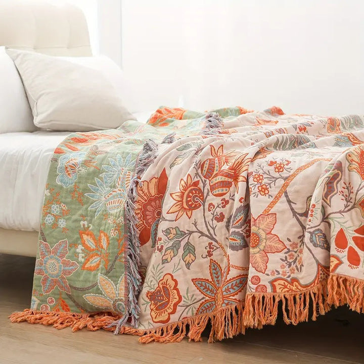 Kramano™ Bawełniany pled boho w kwiaty z frędzlami