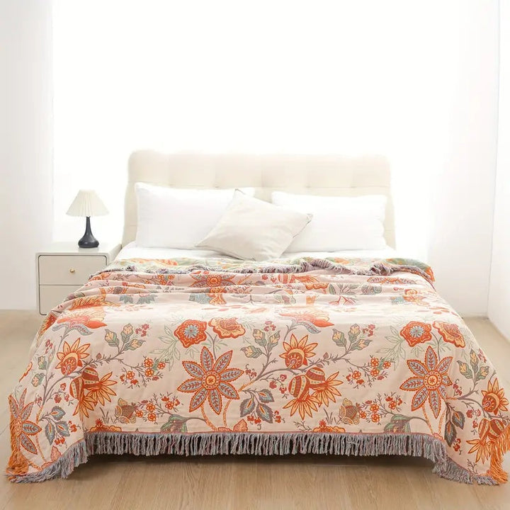 Kramano™ Bawełniany pled boho w kwiaty z frędzlami