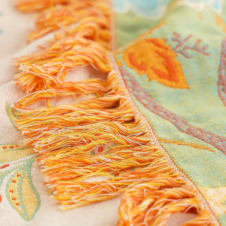 Kramano™ Bawełniany pled boho w kwiaty z frędzlami
