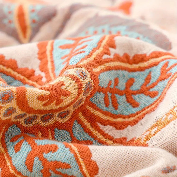 Kramano™ Bawełniany pled boho w kwiaty z frędzlami