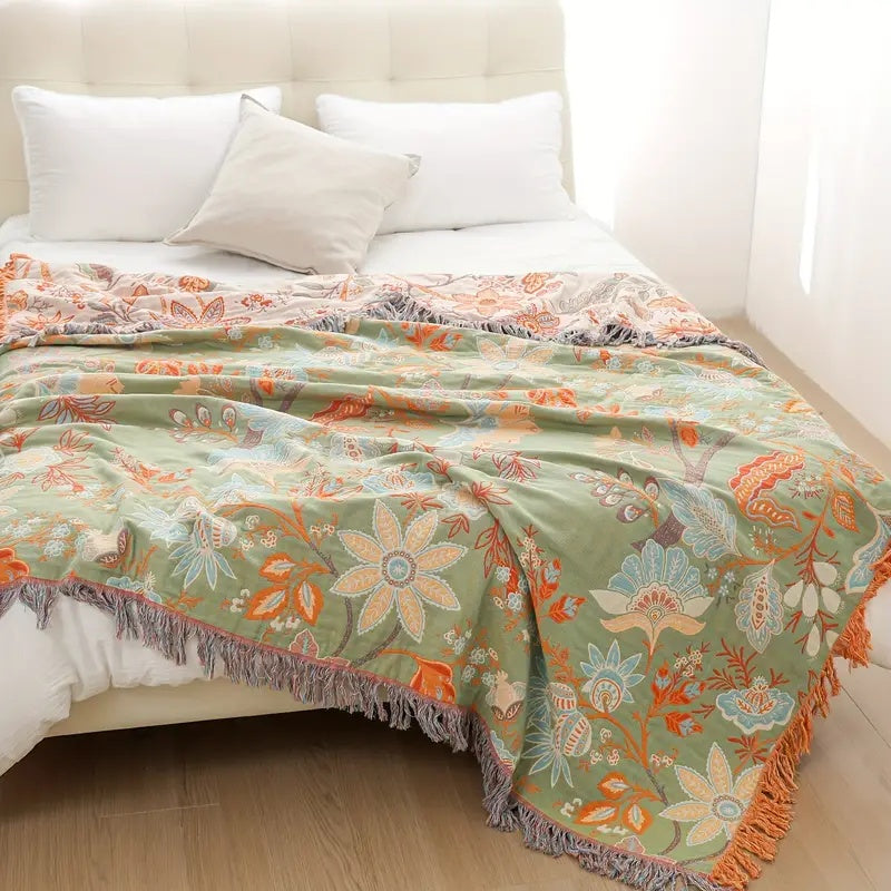 Kramano™ Bawełniany pled boho w kwiaty z frędzlami
