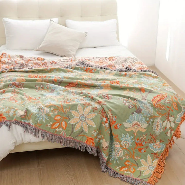 Kramano™ Bawełniany pled boho w kwiaty z frędzlami