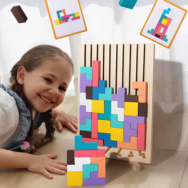 Kramano™ Drewniane klocki Montessori, 42 elementy i 10 kart z wzorami