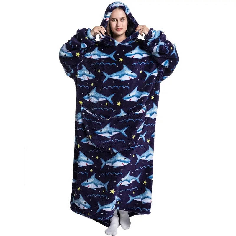 Kramano™ Długa bluza-koc z sherpą, zabawnymi wzorami i kieszenią