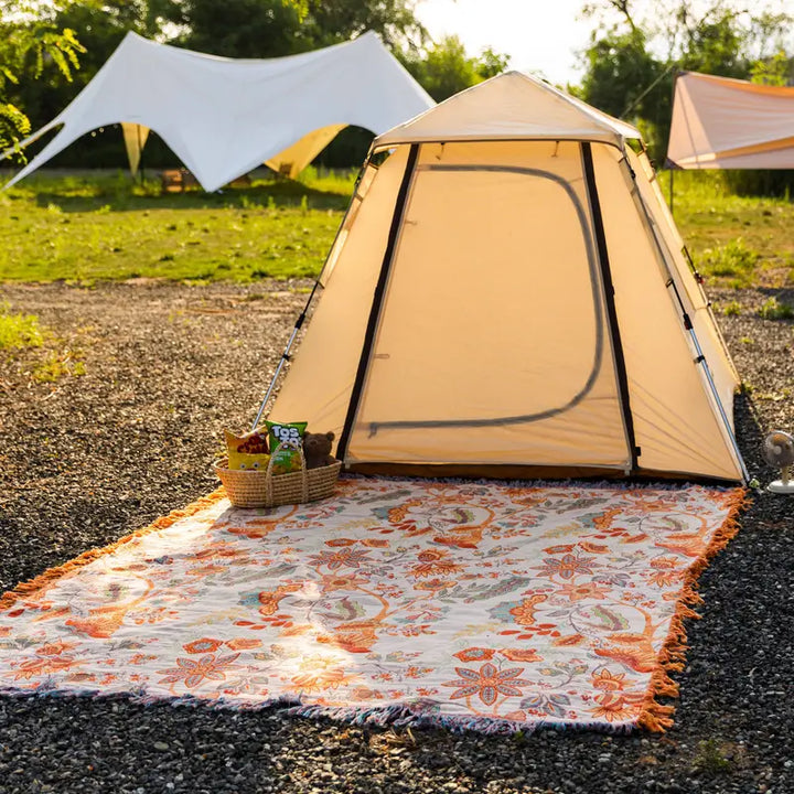 Kramano™ Bawełniany pled boho w kwiaty z frędzlami