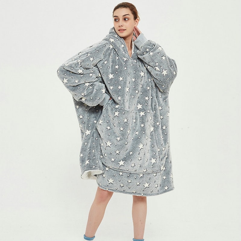 Kramano™ Bluza-koc z podszewką sherpa w zabawne wzory, długa do kolan