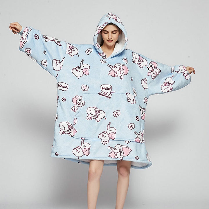 Kramano™ Bluza-koc z podszewką sherpa w zabawne wzory, długa do kolan