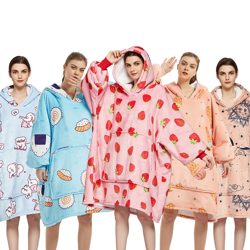 Kramano™ Bluza-koc z podszewką sherpa w zabawne wzory, długa do kolan