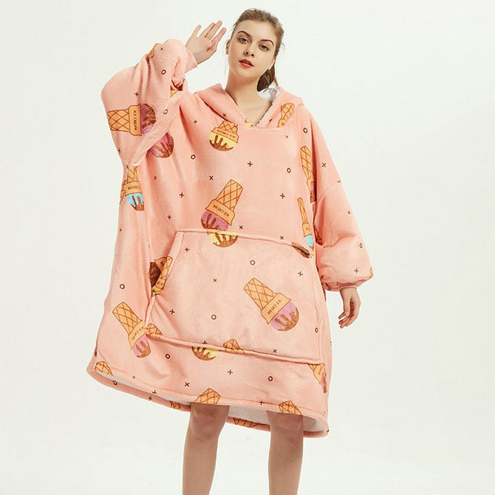 Kramano™ Bluza-koc z podszewką sherpa w zabawne wzory, długa do kolan