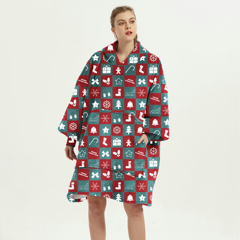 Kramano™ Bluza-koc z podszewką sherpa w zabawne wzory, długa do kolan