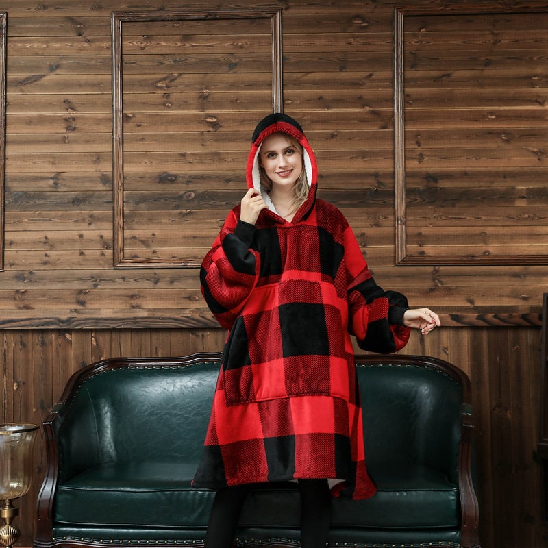 Kramano™ Bluza-koc z podszewką sherpa w zabawne wzory, długa do kolan