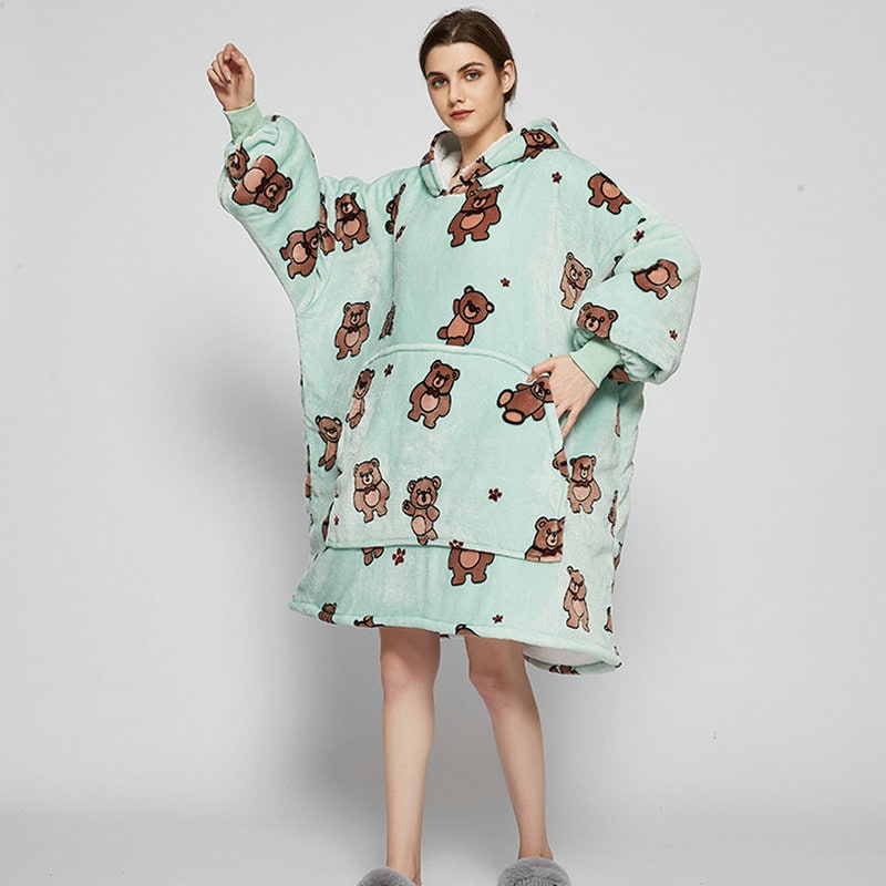 Kramano™ Bluza-koc z podszewką sherpa w zabawne wzory, długa do kolan