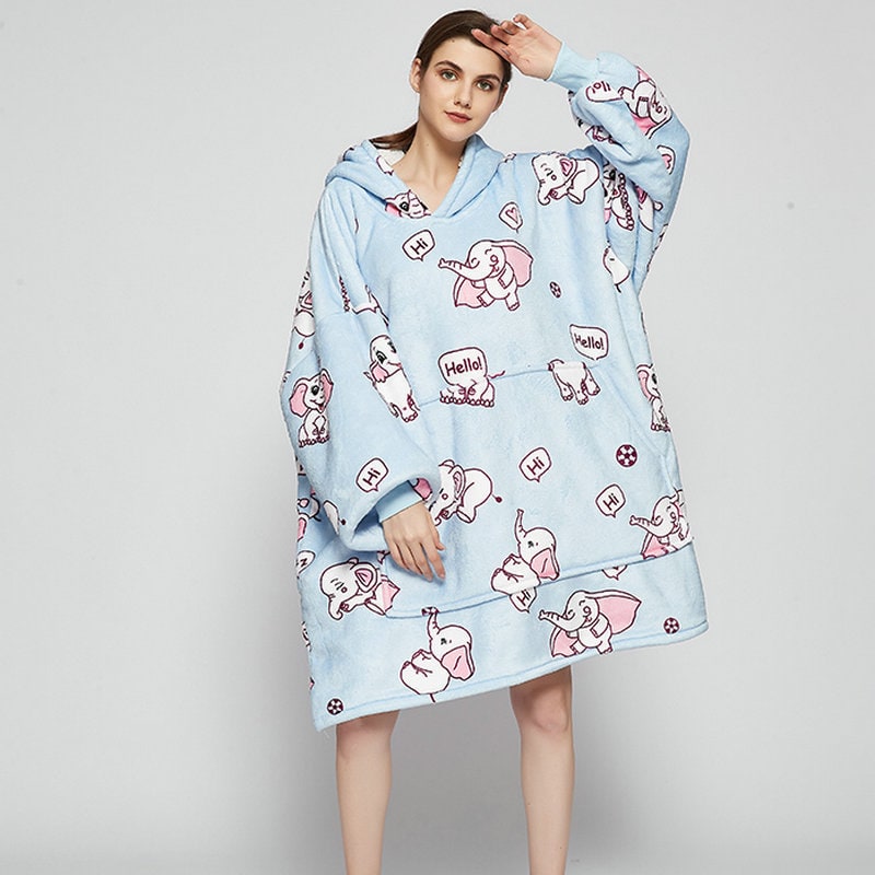 Kramano™ Bluza-koc z podszewką sherpa w zabawne wzory, długa do kolan