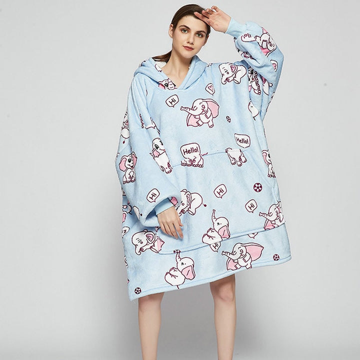 Kramano™ Bluza-koc z podszewką sherpa w zabawne wzory, długa do kolan